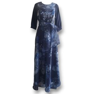 ELIZA J Jewel Neck Floral Sheer Organza Jumpsuit Size 10 Navy Blue 3/4 Sleeve
